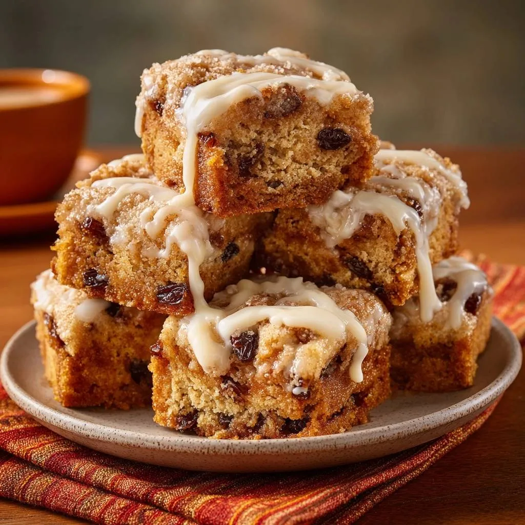 Raisin crumb coffee cake with no-sink streusel shown as stacked slices with drippy glaze on a plate.