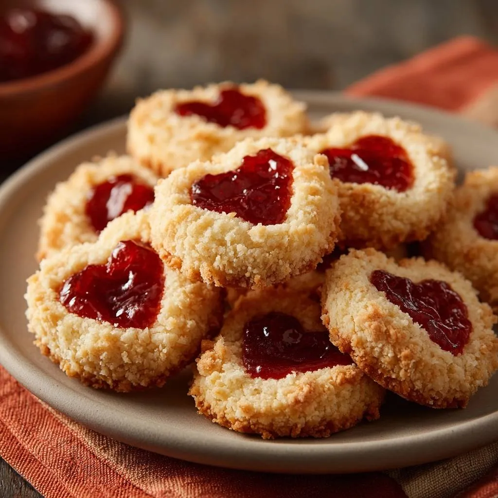 Raspberry coconut linzer hearts arranged attractively on a plate, showcasing their jam-filled centers and textured coconut coating.