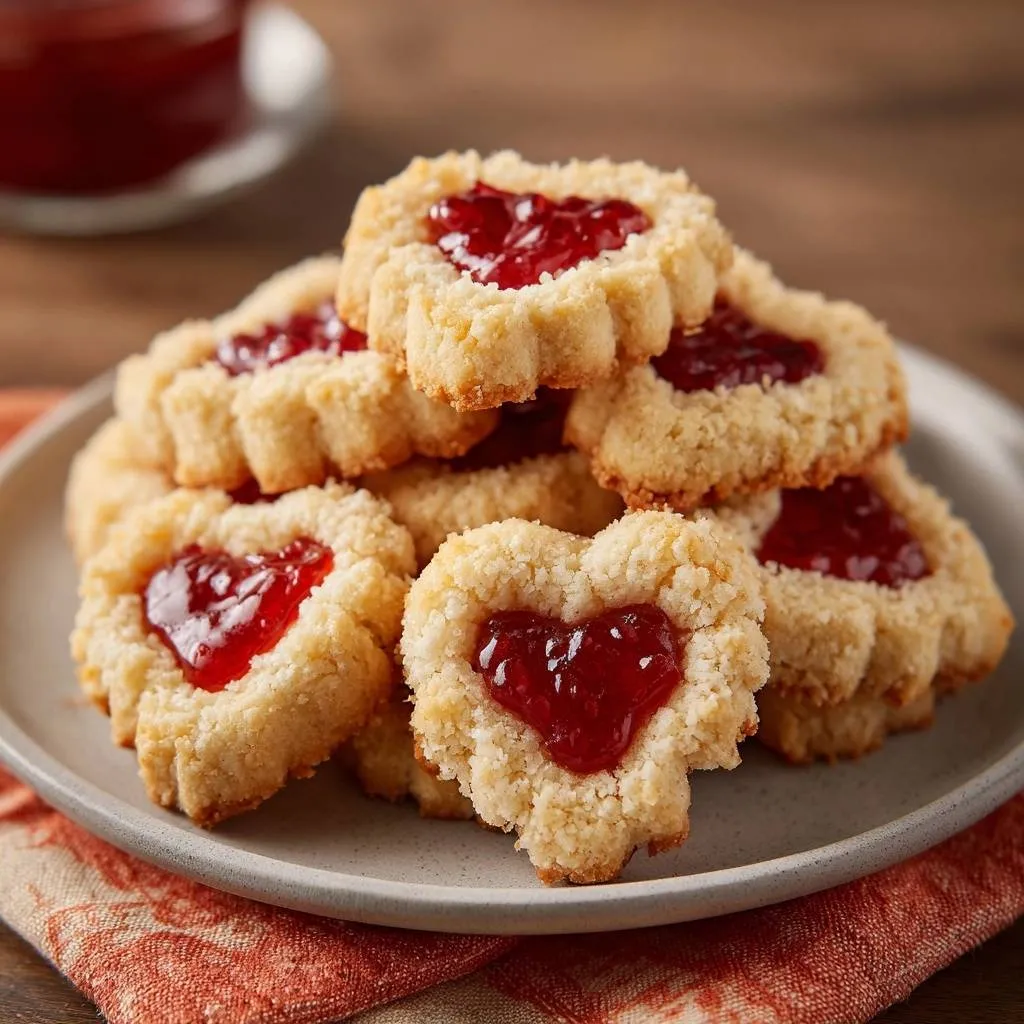 Raspberry coconut linzer hearts stacked on a grey plate, showcasing their heart-shaped jam filling.
