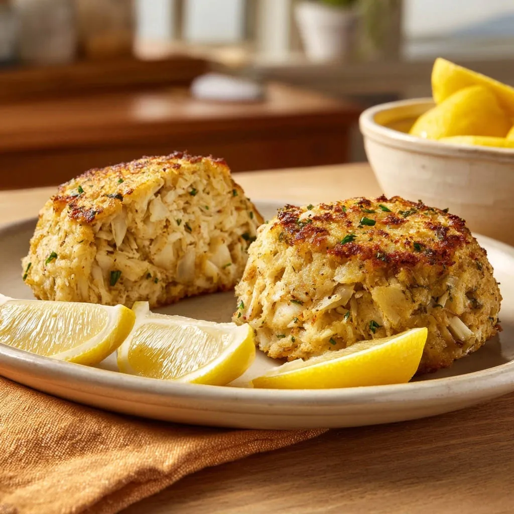 Restaurant-style crab cakes shown in a close-up cross-section with fresh lemon wedges on a plate.