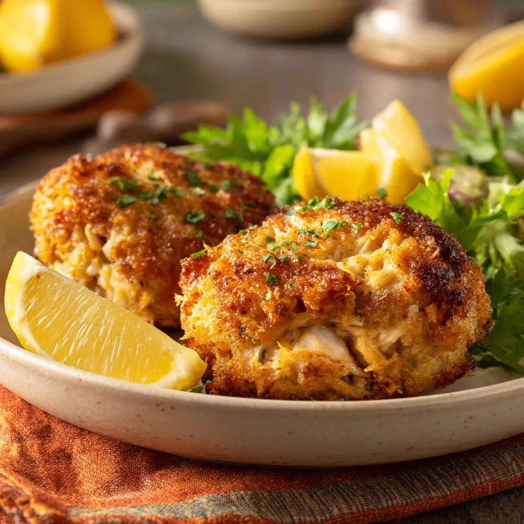 Restaurant-style crab cakes plated with fresh lemon wedges and a side of greens.