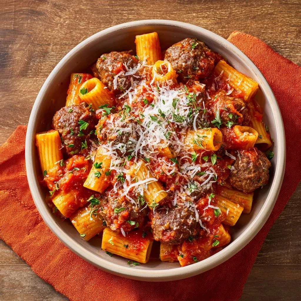 Rigatoni with beef meatballs in a bowl, shown from an overhead perspective with parmesan cheese garnish.