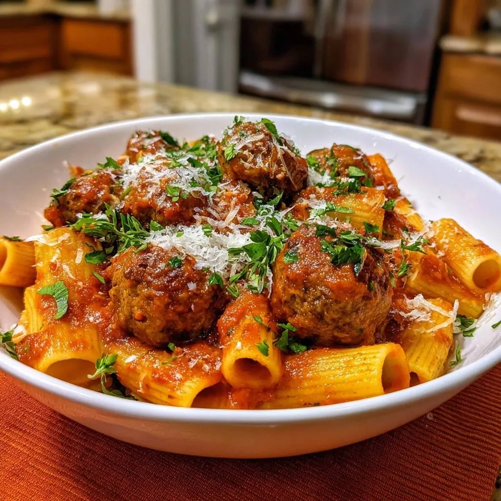 Rigatoni with beef meatballs served in a white bowl, generously topped with tomato sauce, grated parmesan, and fresh parsley.