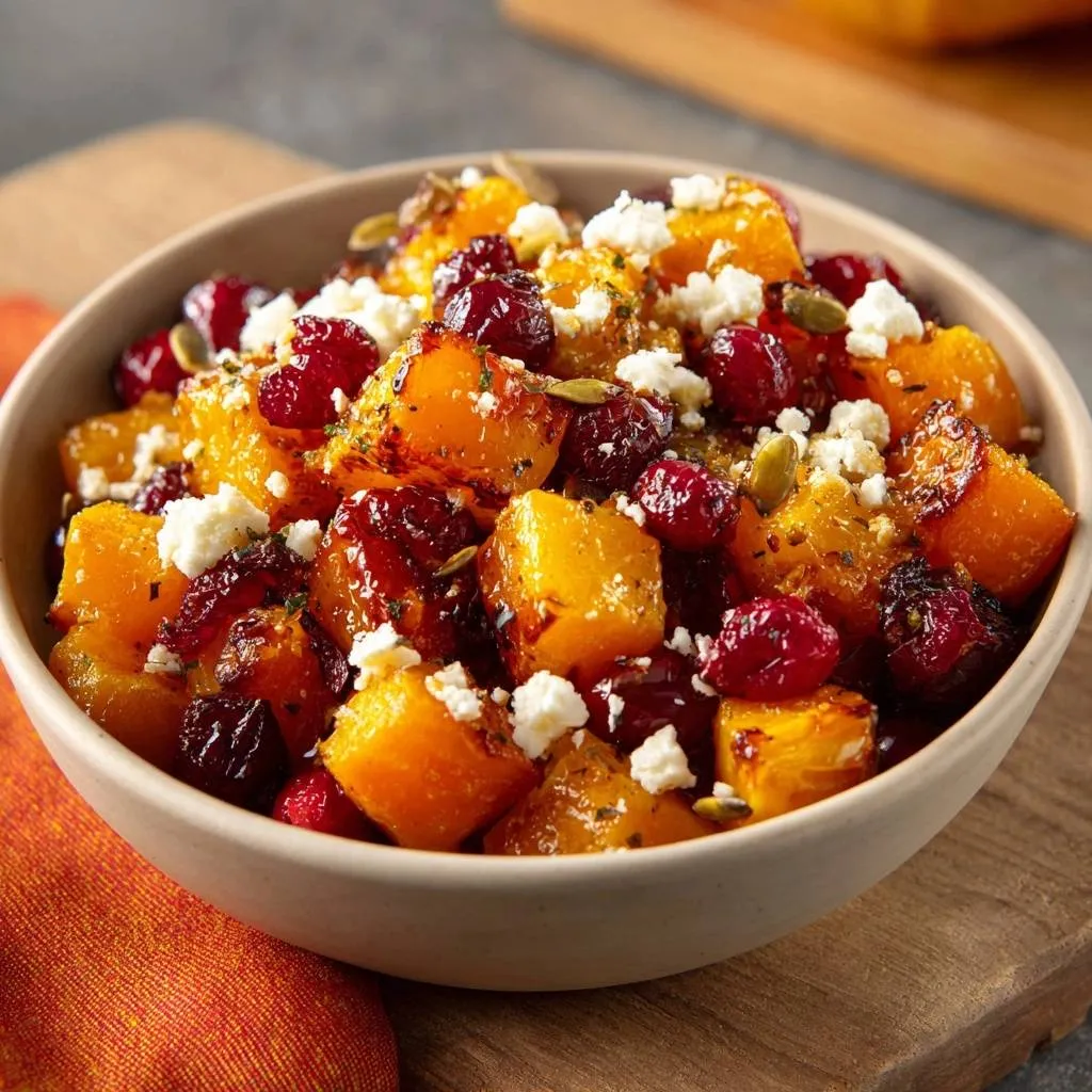 Roasted butternut squash cranberry feta salad served in a bowl, showcasing a close-up detail of the ingredients.