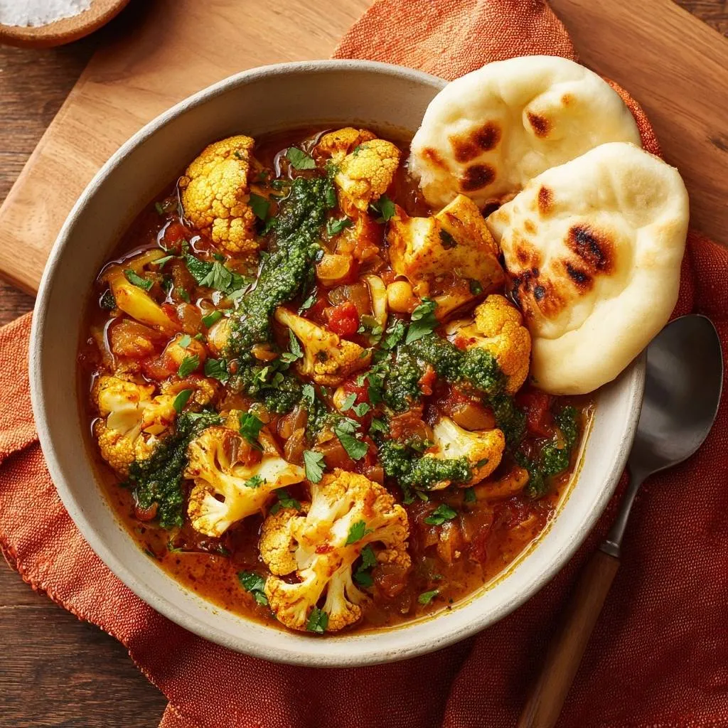Roasted cauliflower chickpea curry served in a bowl with fluffy naan bread and a fresh herb garnish.