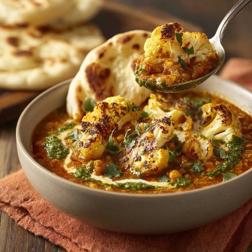 Roasted cauliflower chickpea curry with a spoonful being lifted, showing a rich sauce and naan bread.