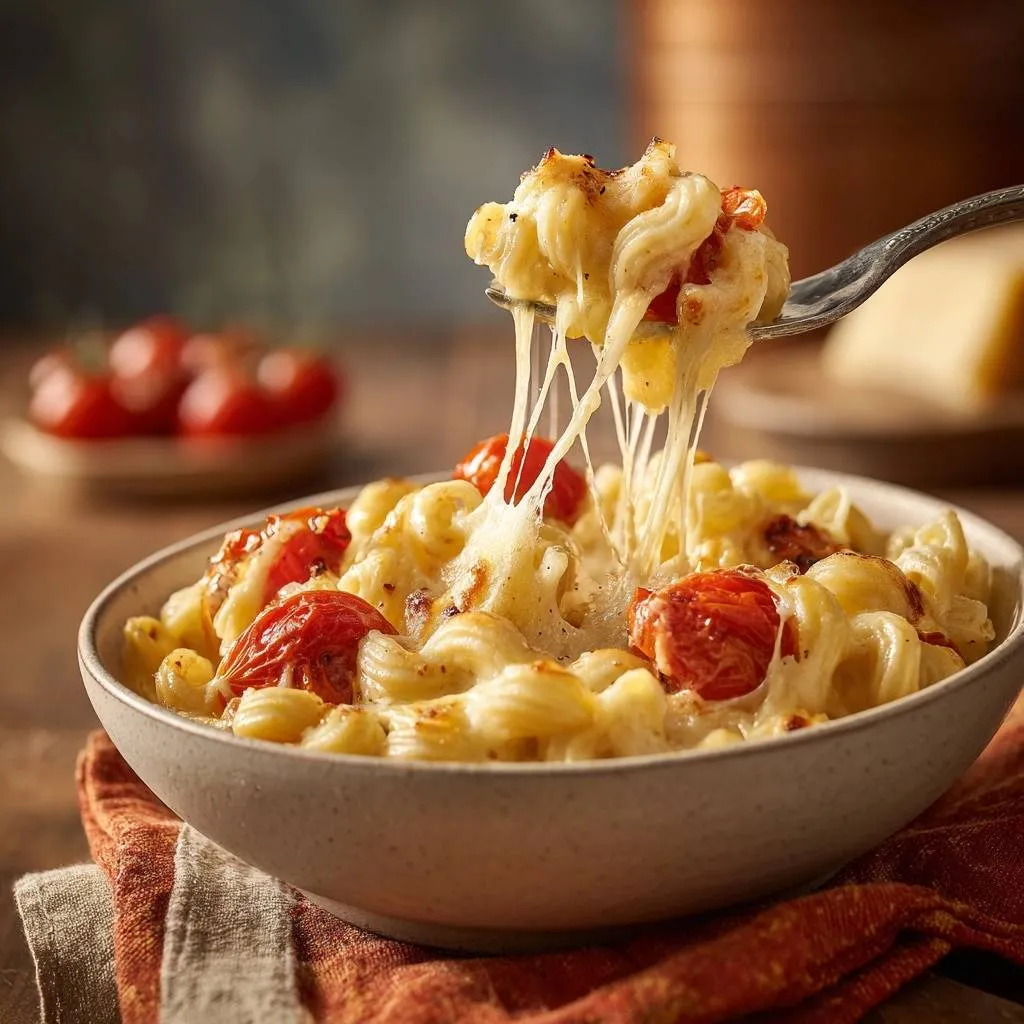 Roasted cherry tomato mac and cheese being lifted with a fork, showcasing a gooey, cheesy pull and plump tomatoes.
