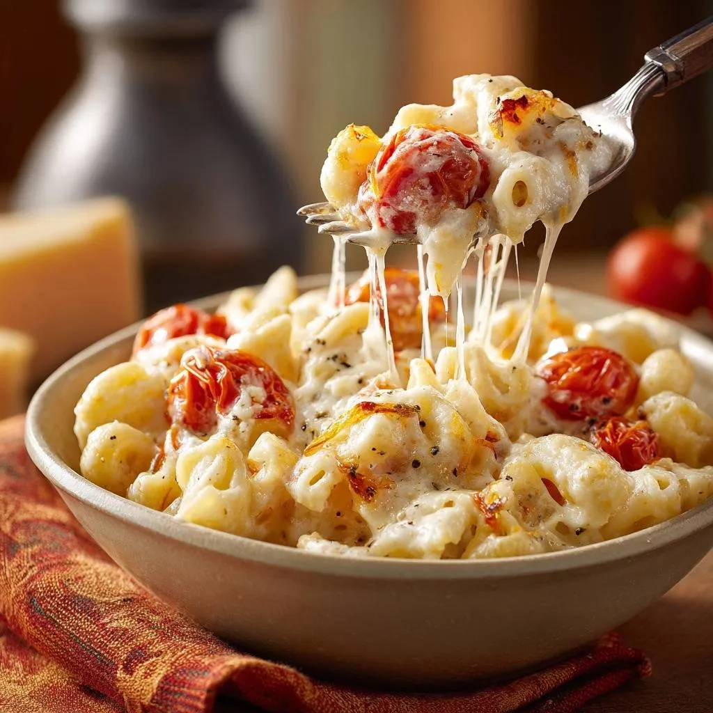 Roasted cherry tomato mac and cheese with a forkful showing a generous cheese pull, highlighting the creamy pasta and roasted tomatoes.