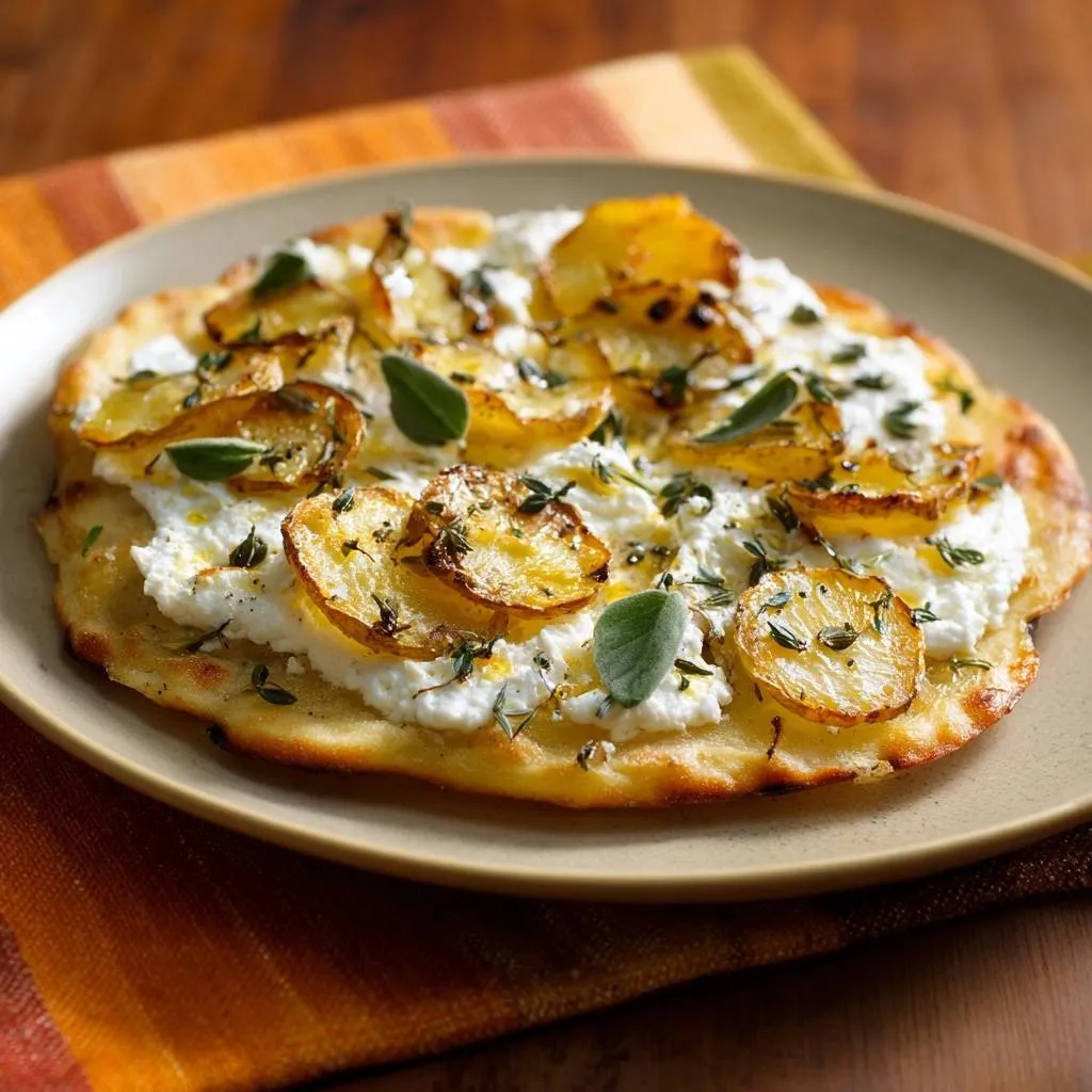 Roasted pattypan squash and sage flatbread topped with ricotta cheese and herbs, shown in a close-up view.