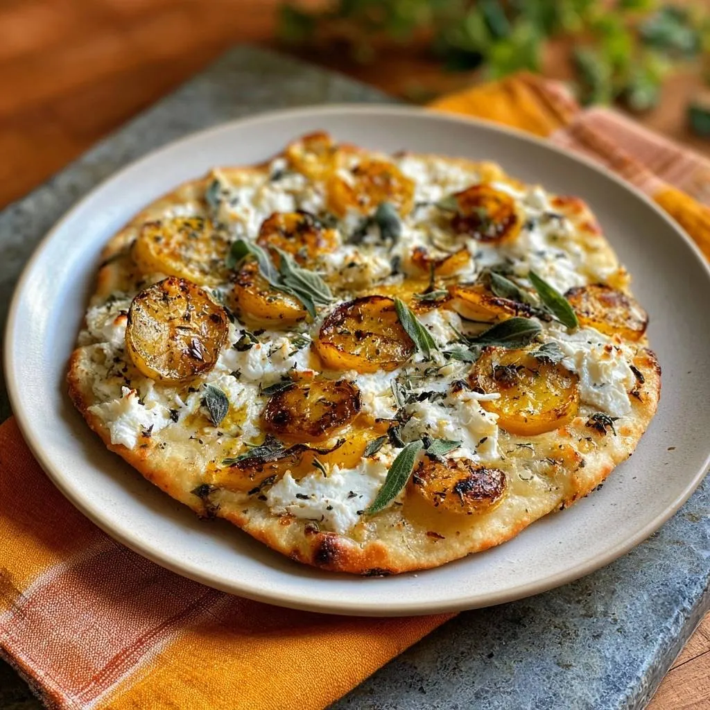 Roasted pattypan squash and sage flatbread served on a plate, viewed from directly above.