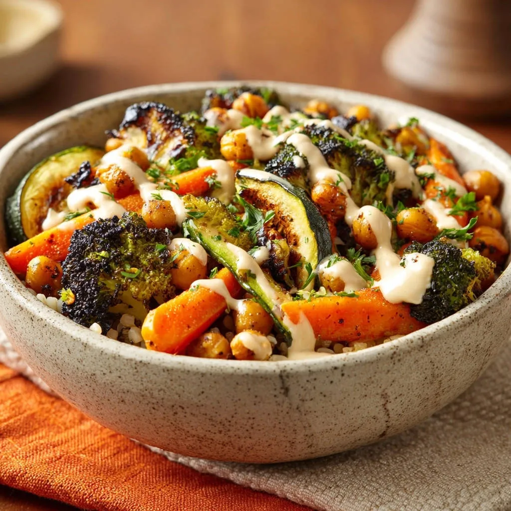 Roasted veggie and chickpea power bowl with a creamy tahini drizzle and fresh parsley garnish.