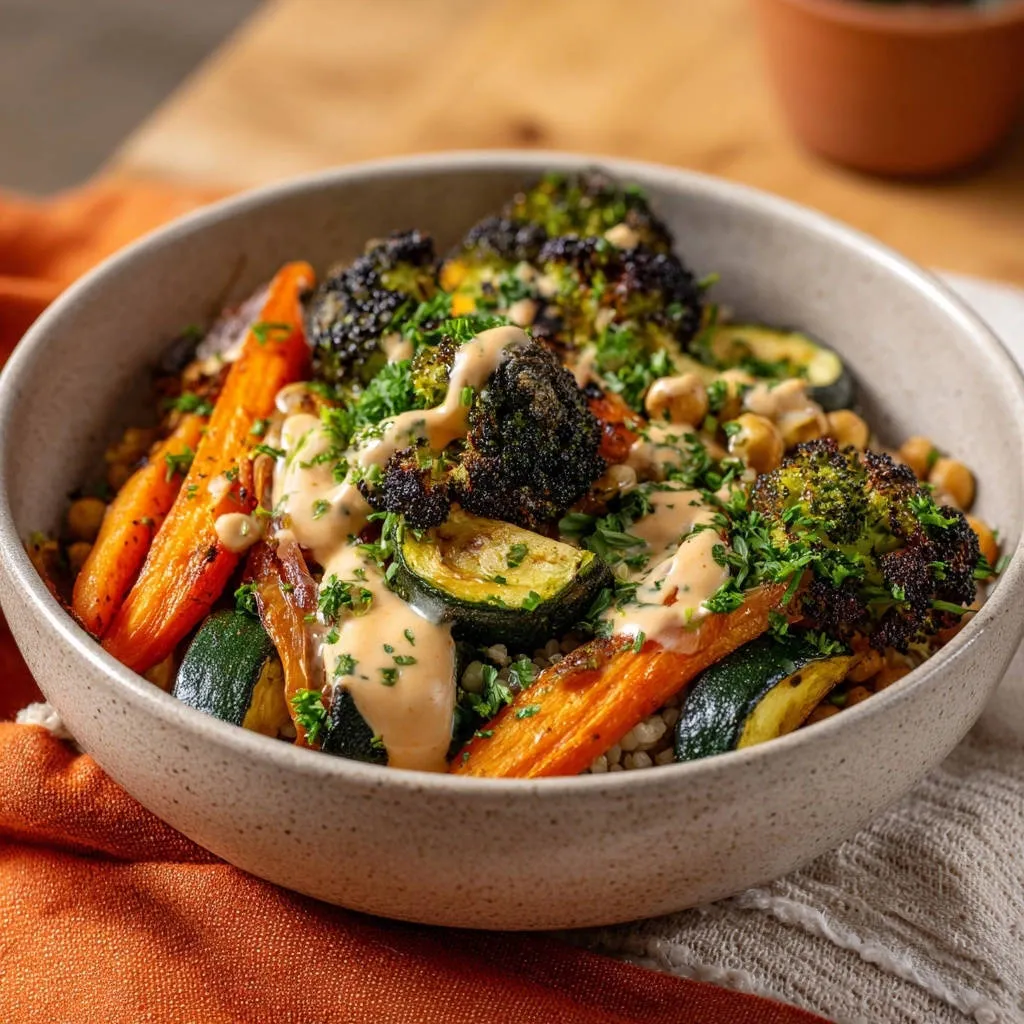 Roasted veggie and chickpea power bowl with a creamy drizzle and fresh herbs, showcasing the textures of roasted broccoli and carrots.