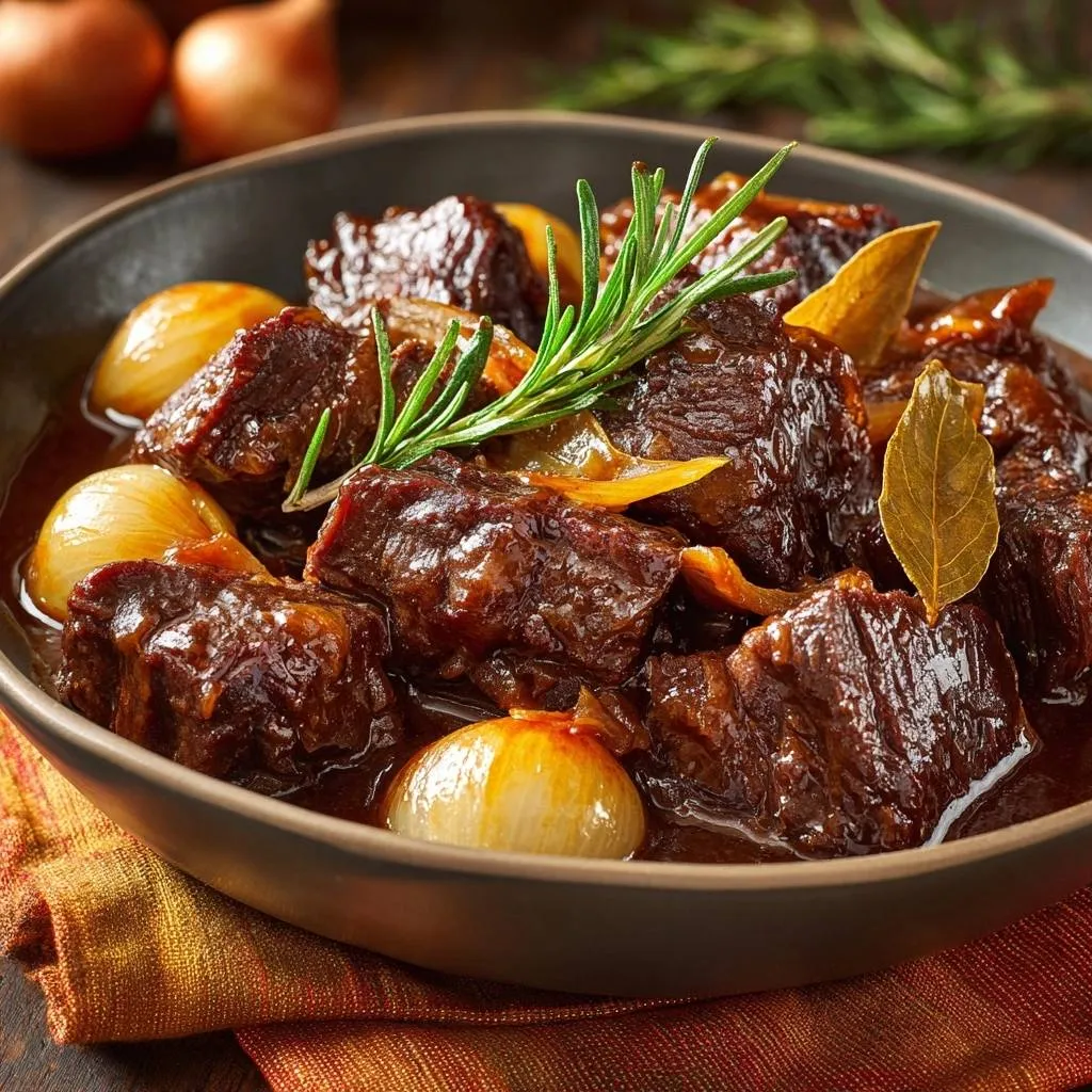 Rosemary beef stew with pearl onions served in a rustic bowl, showcasing the rich sauce and tender meat.