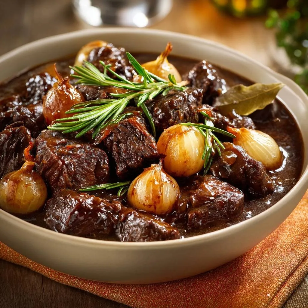 Rosemary beef stew with pearl onions, featuring a close-up view with rosemary garnish and bay leaf.