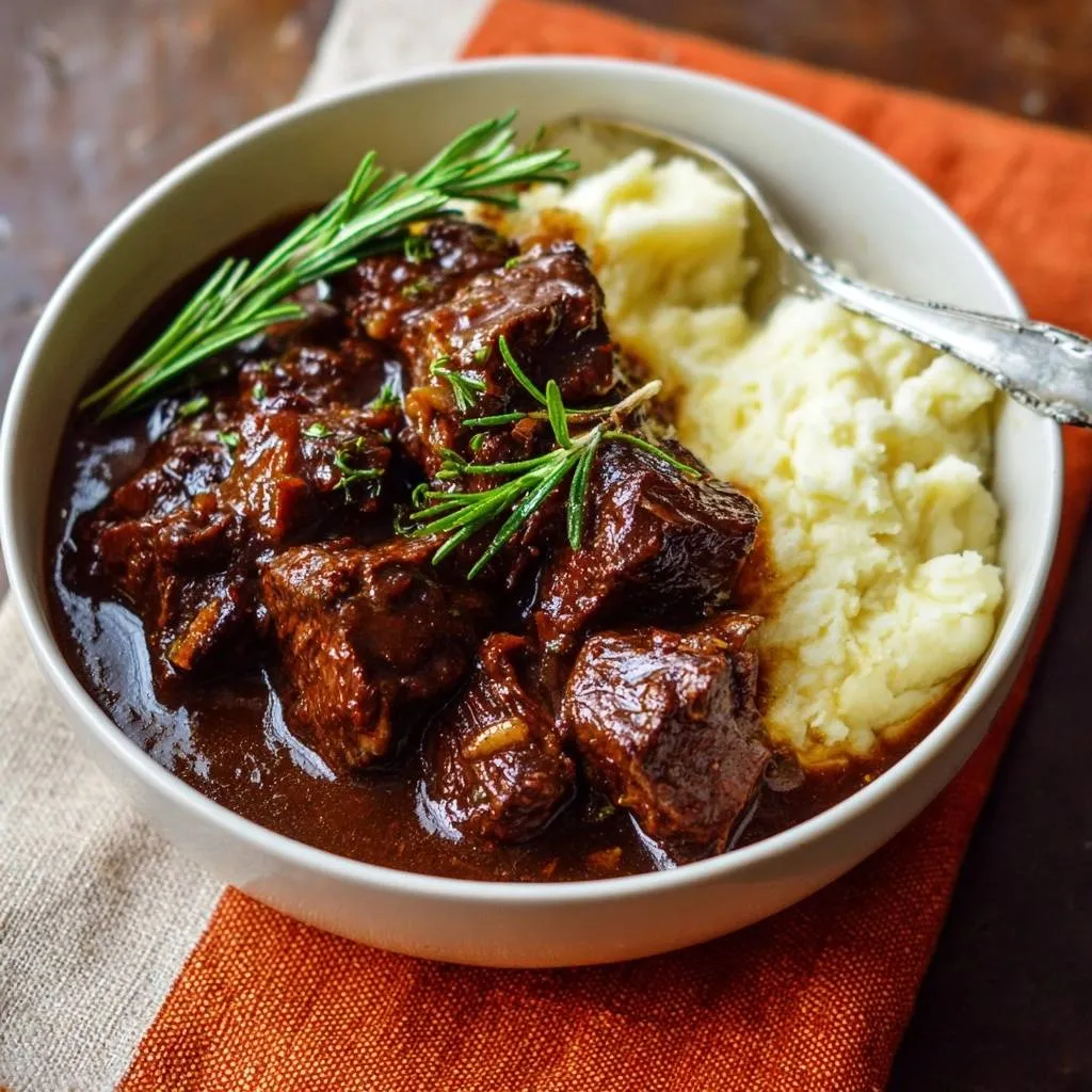 Rosemary braised beef with creamy mashed potatoes served in a bowl, garnished with fresh rosemary sprigs.