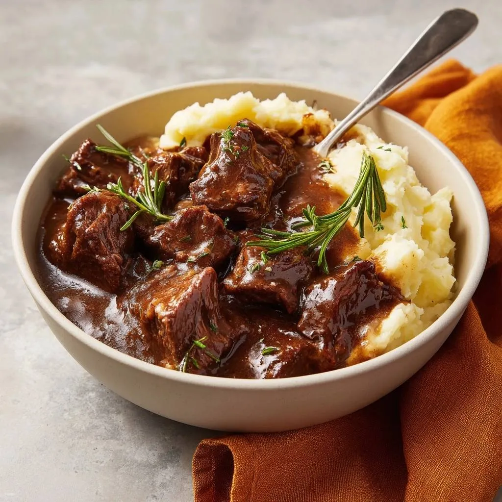 Rosemary braised beef with creamy mashed potatoes served in a bowl, garnished with fresh rosemary sprigs.