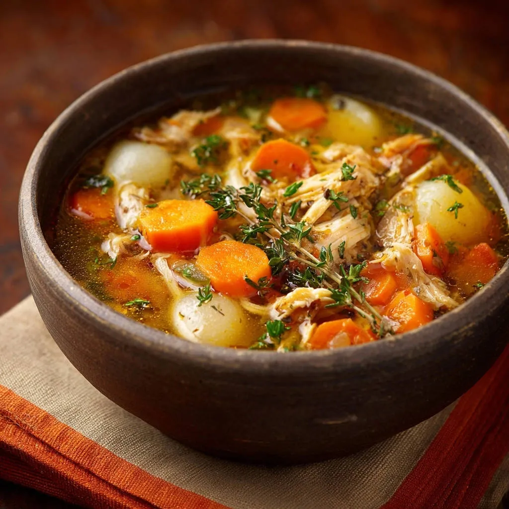 Rustic shredded chicken and root vegetable soup in a dark bowl, showing a close-up view of carrots, onions, and herbs.