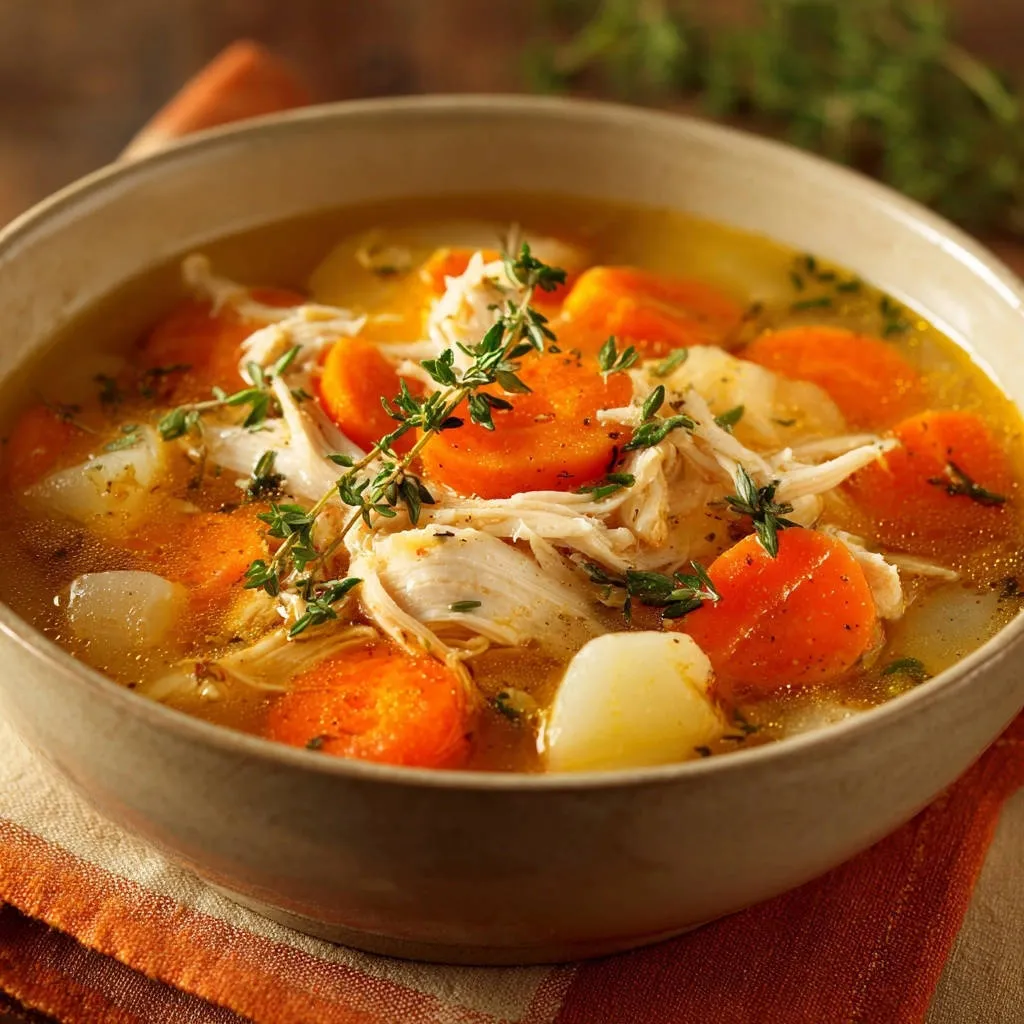 Rustic shredded chicken and root vegetable soup shown in a bowl with a close-up view of fresh thyme garnish.