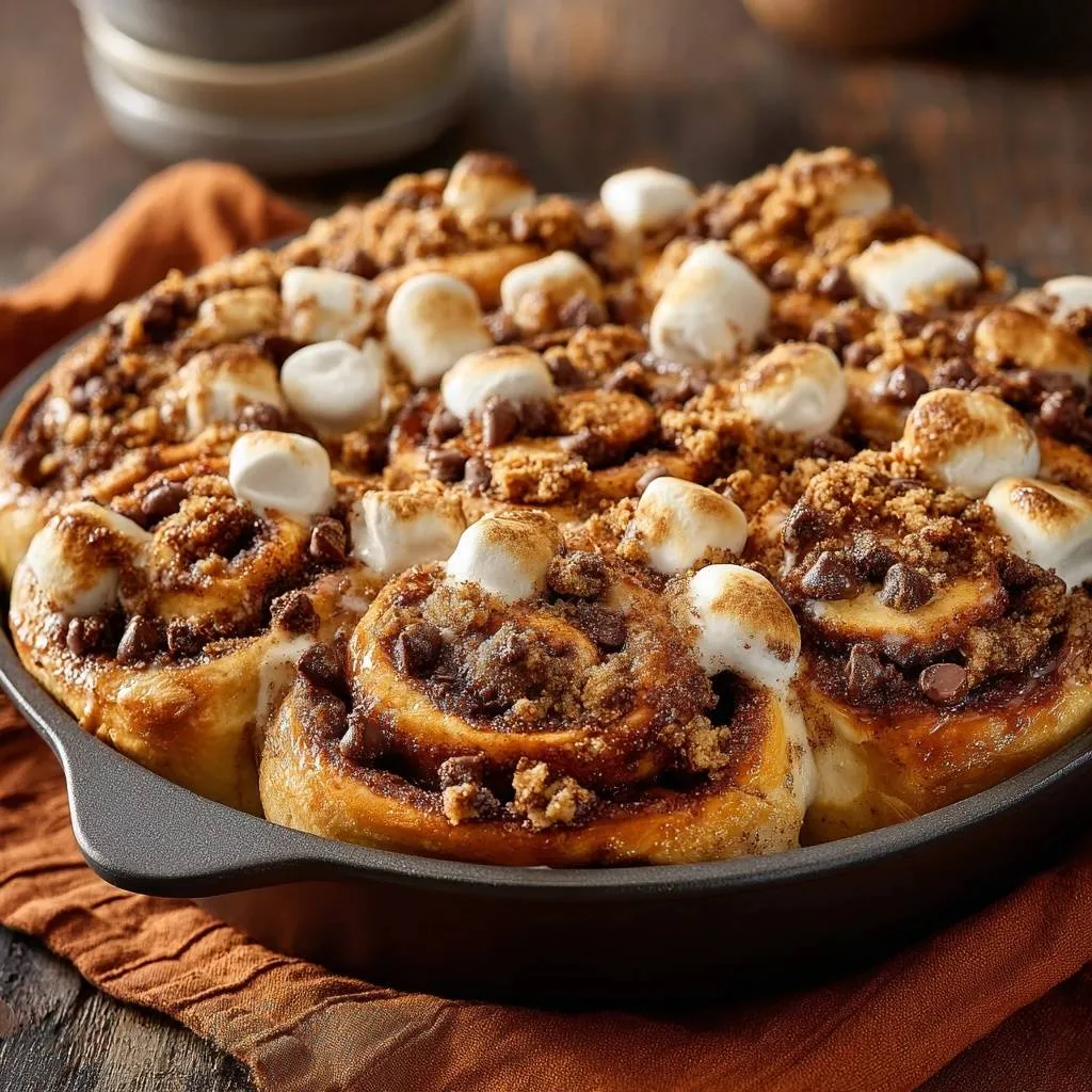 S'mores cinnamon rolls with a crunchy topping and marshmallows, shown in a baking dish.