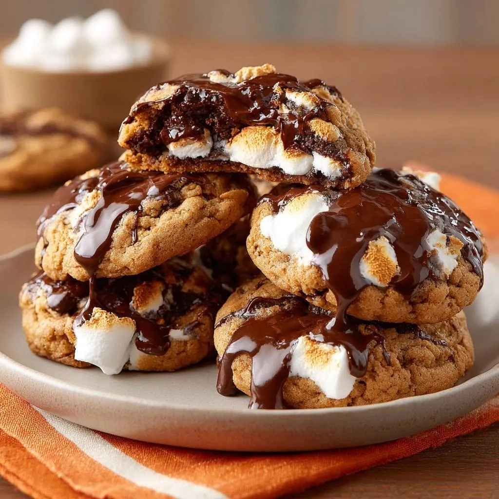 Gooey s'mores cookies with crisp bases, showing a cross-section with melted marshmallows and rich chocolate drizzle.