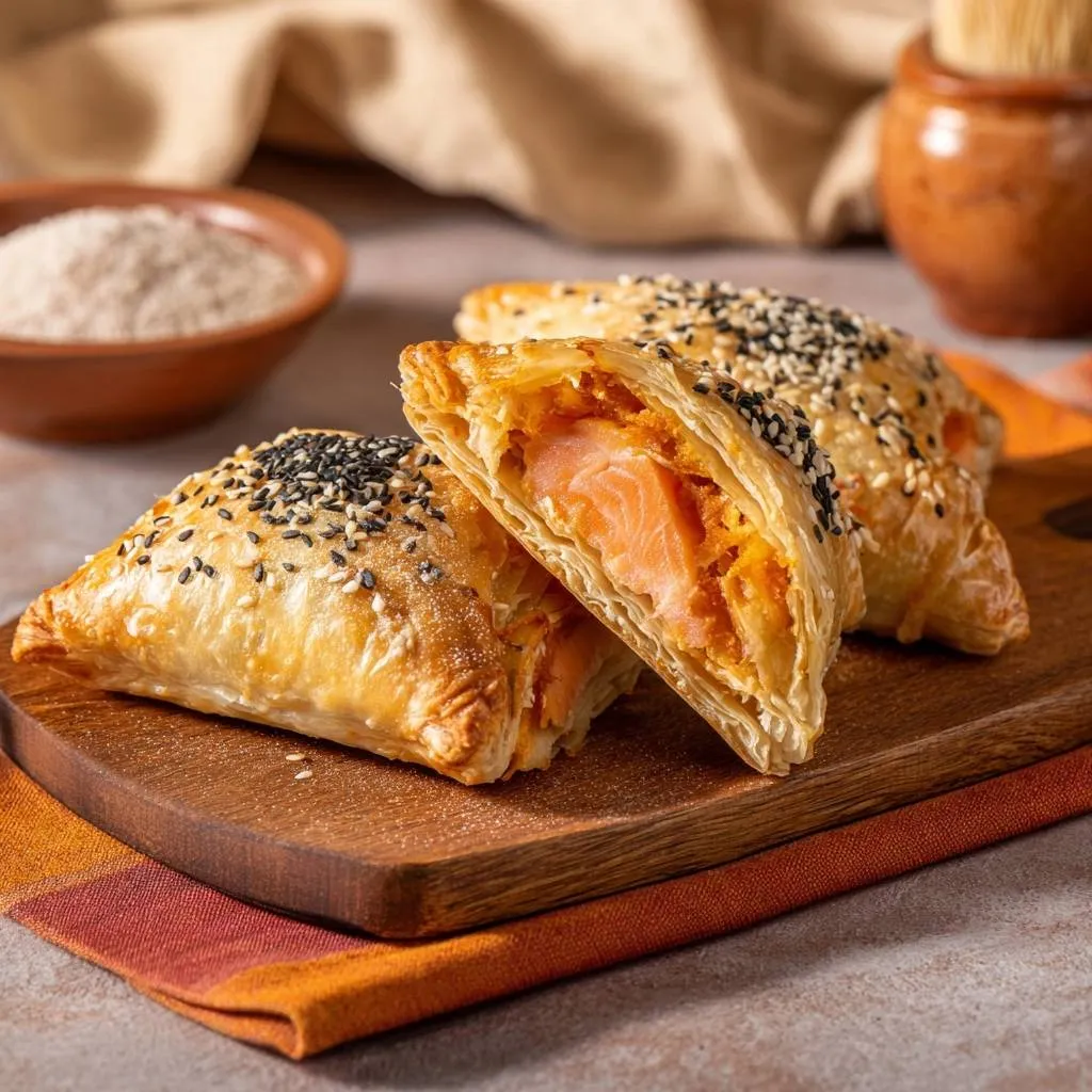 Flaky salmon sesame puffs with a visible cross-section showing the salmon and filling, sprinkled with sesame seeds.