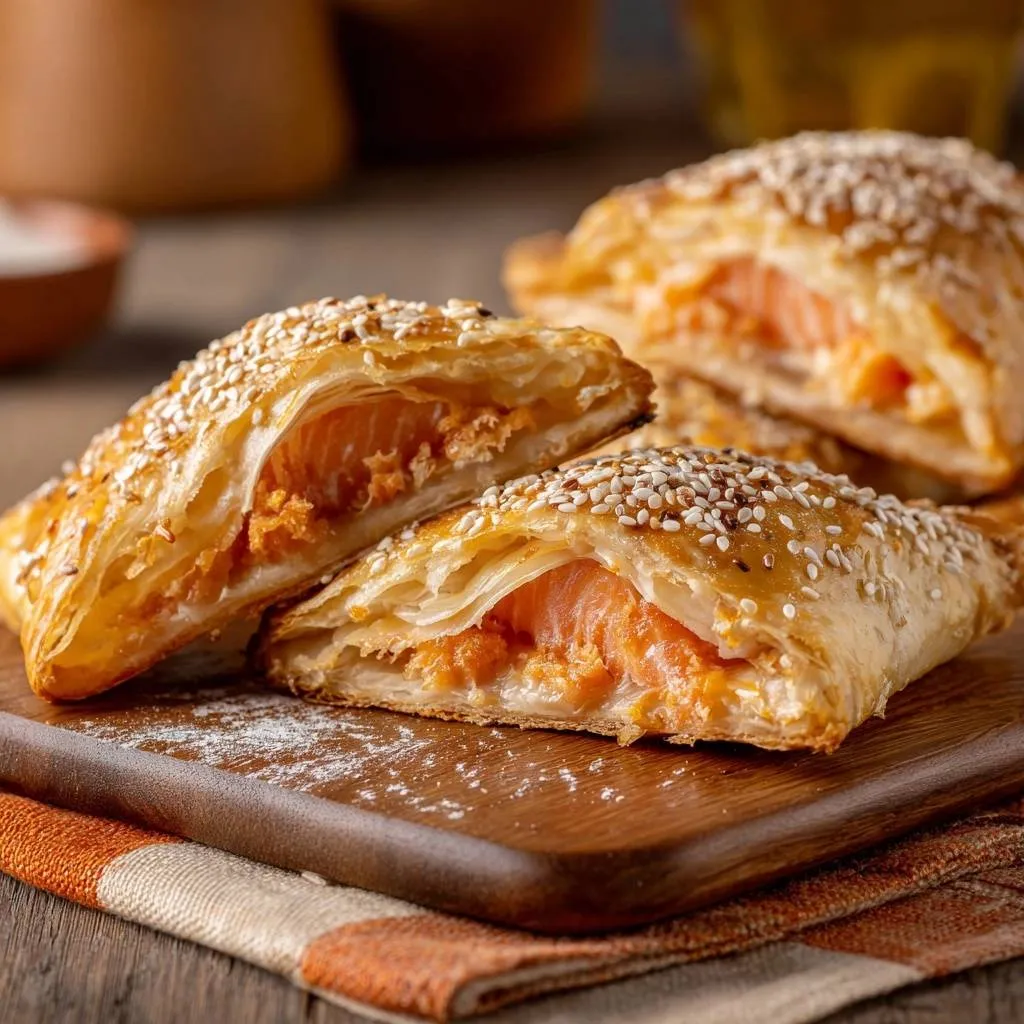 Flaky salmon sesame puffs cross-section showing tender fish and golden pastry layers.