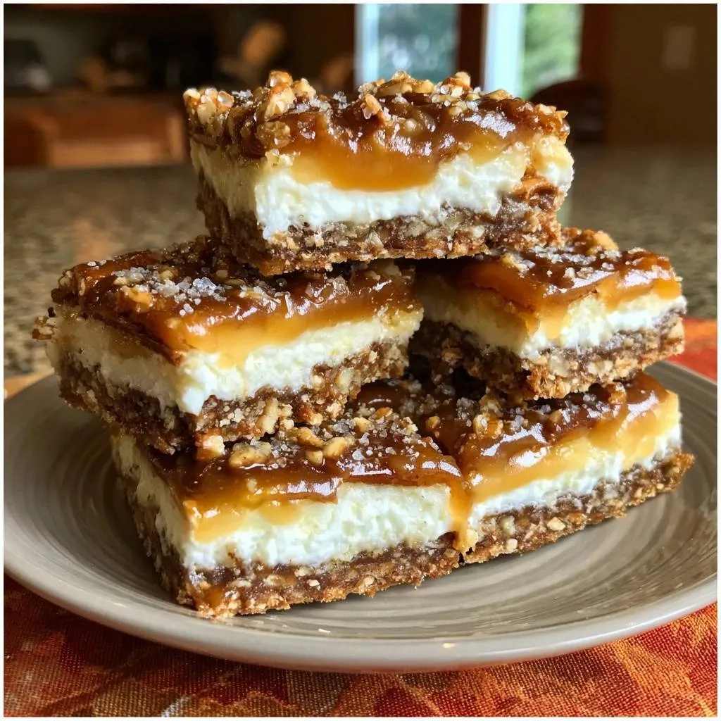 Salted Caramel Cheesecake Bars shown in a stacked cross-section, revealing the layers of crust, cheesecake filling, and caramel topping.