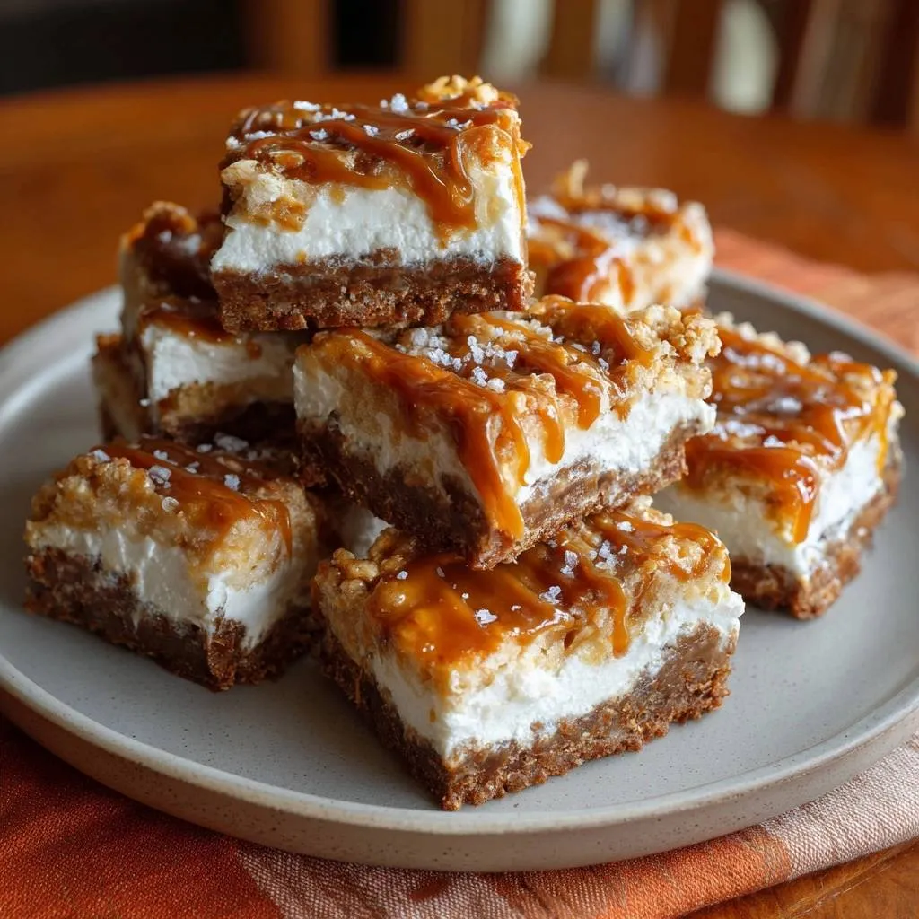 Salted caramel cheesecake bars stacked to reveal a creamy interior and graham cracker crust, drizzled with caramel.