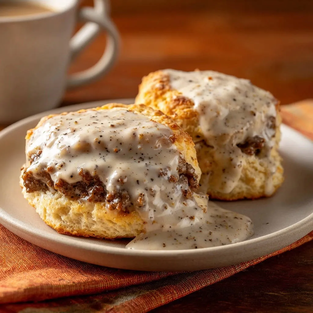 Classic sausage gravy and biscuits served plated in a close-up view, showcasing the rich gravy and biscuit texture.