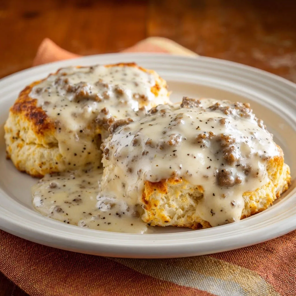 Classic sausage gravy and biscuits served generously on a white plate with a rustic napkin.