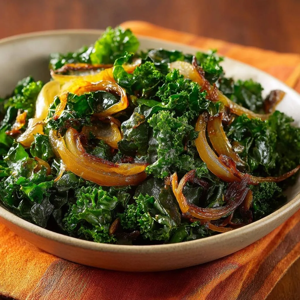 Sauteed kale with caramelized onions, a close-up view highlighting the vibrant green kale and tender, golden-brown onions.