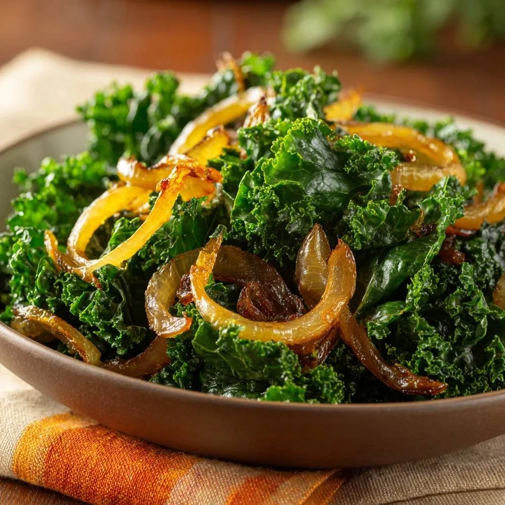Sauteed kale with caramelized onions, a close-up view highlighting the vibrant green leaves and sweet, tender onion slices.