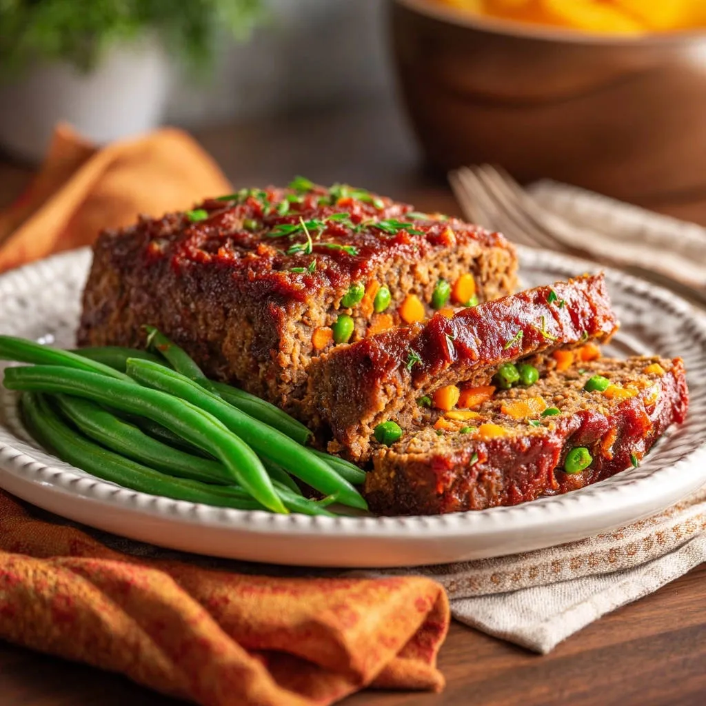 Savory family meatloaf sliced on a plate with green beans, peas, and carrots visible in the interior.