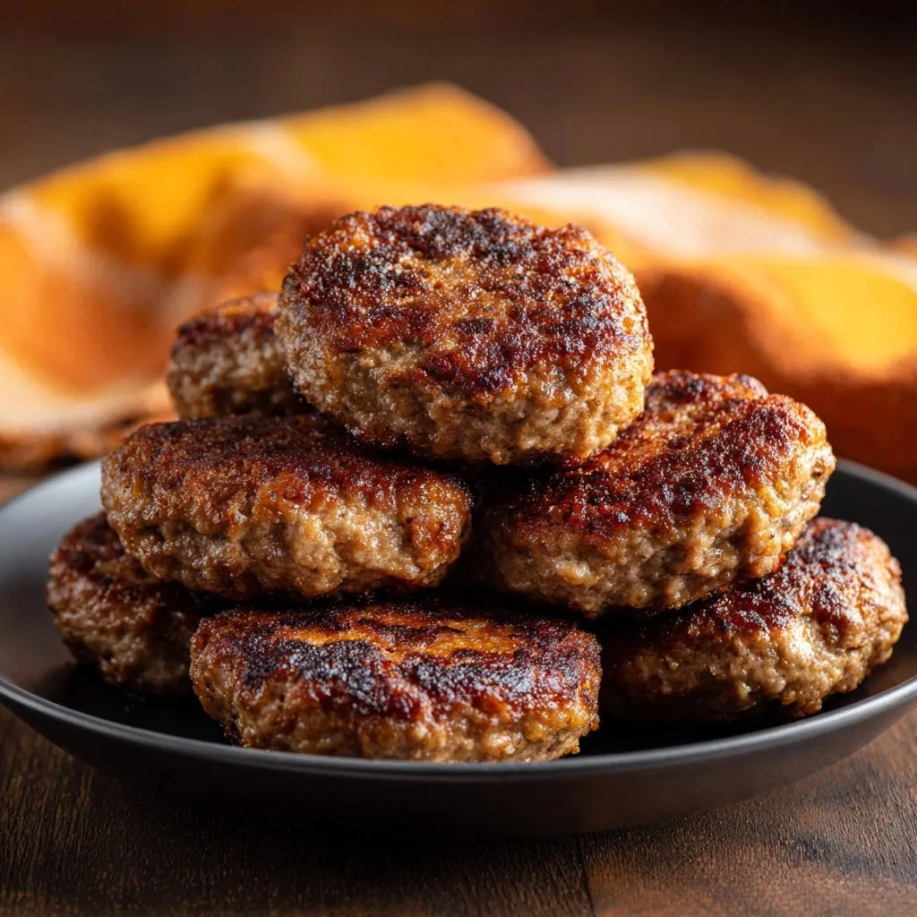 Savory pan-fried patties stacked high on a dark plate, showcasing their browned exterior.