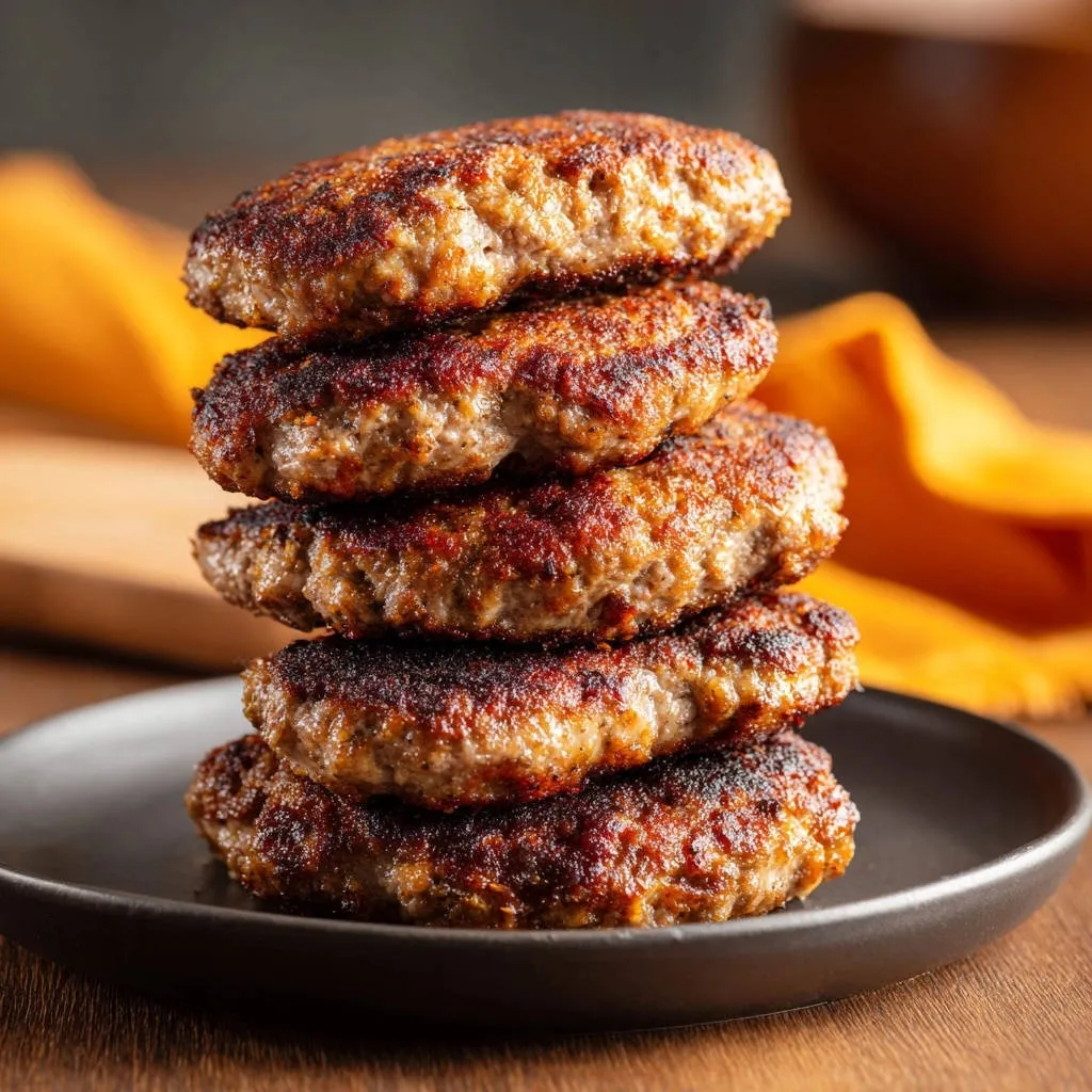 Savory pan-fried patties stacked high on a dark plate, showcasing their seared texture.