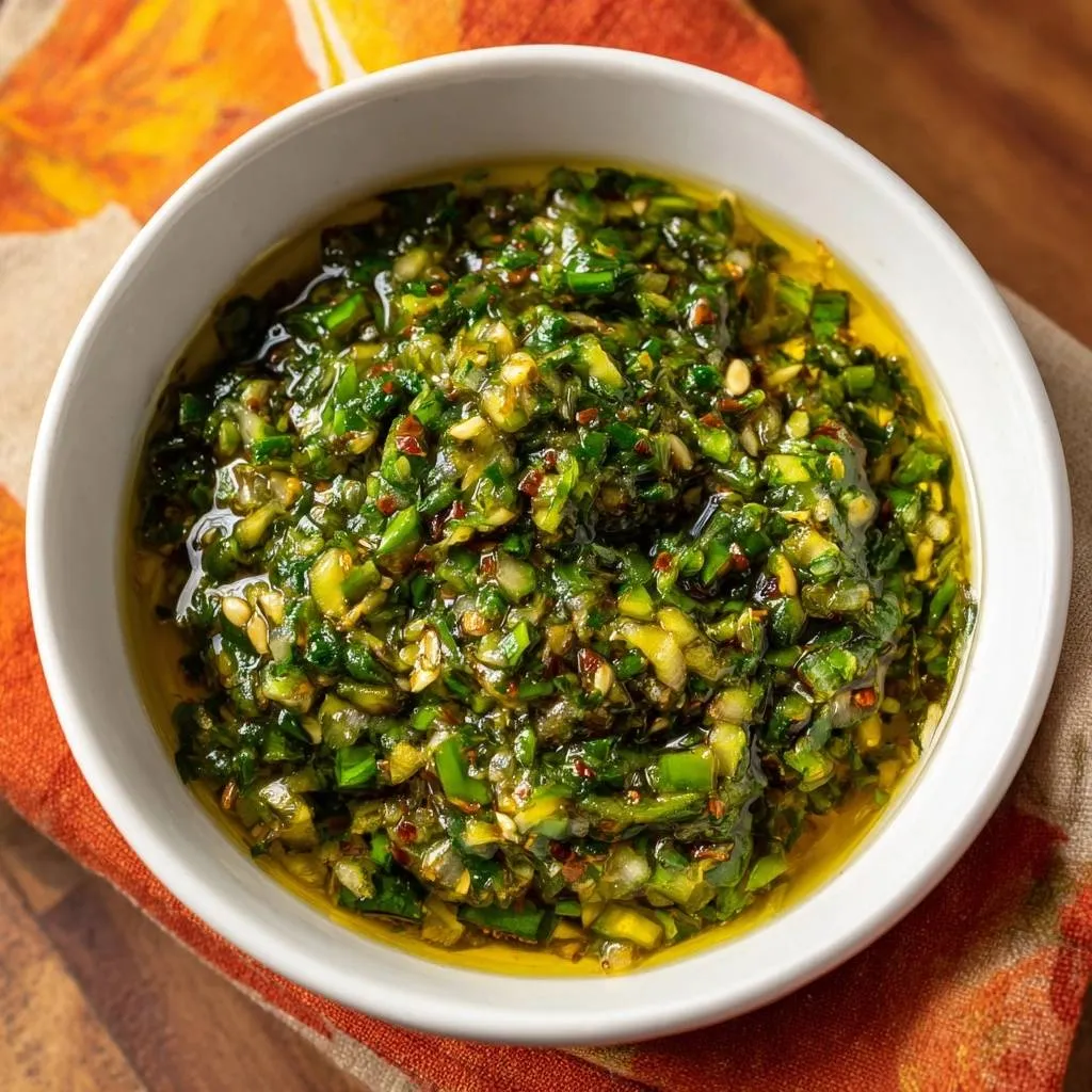 Scallion chili oil with a finely chopped texture, showcasing its vibrant green ingredients and oil in a white bowl.