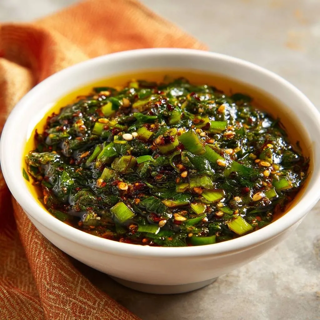 Scallion chili oil recipe main image featuring a close-up view of its coarse texture with visible chili flakes and sesame seeds.