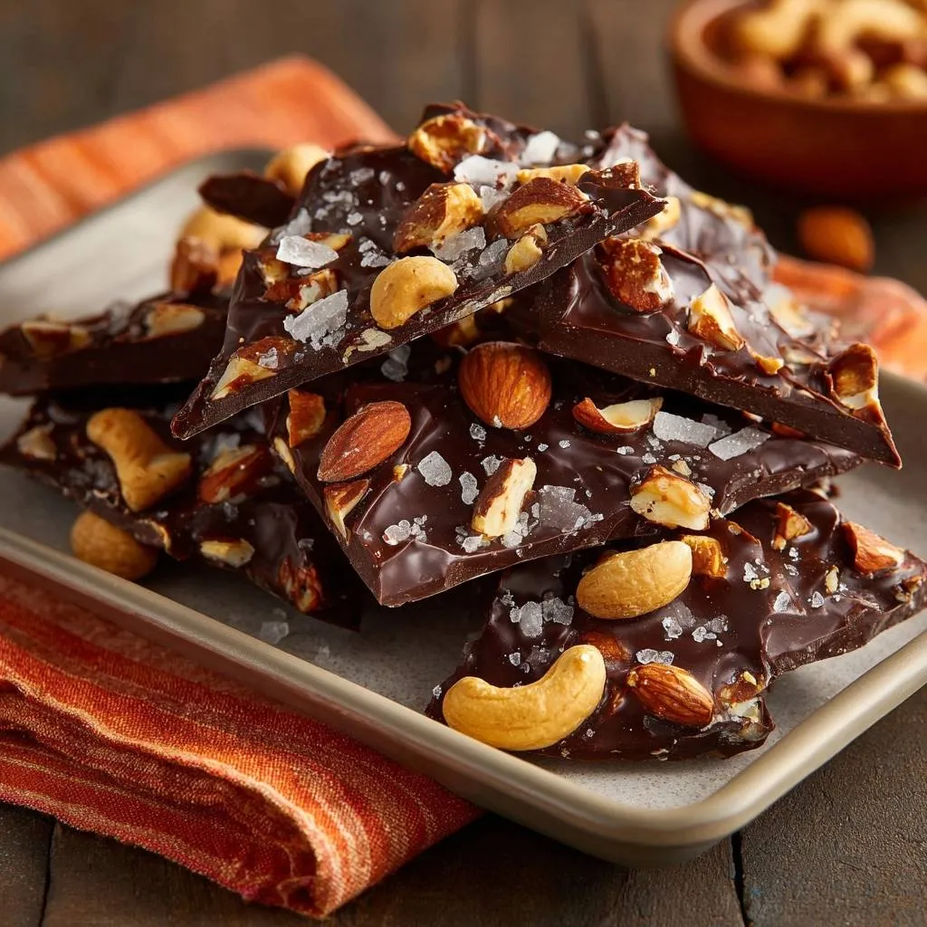 Sea salt cashew almond dark chocolate bark stacked close-up, showcasing nuts and flaky sea salt.