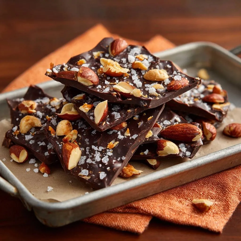 Sea salt cashew almond dark chocolate bark stacked high on a tray, showcasing the texture of the nuts and flaky salt.