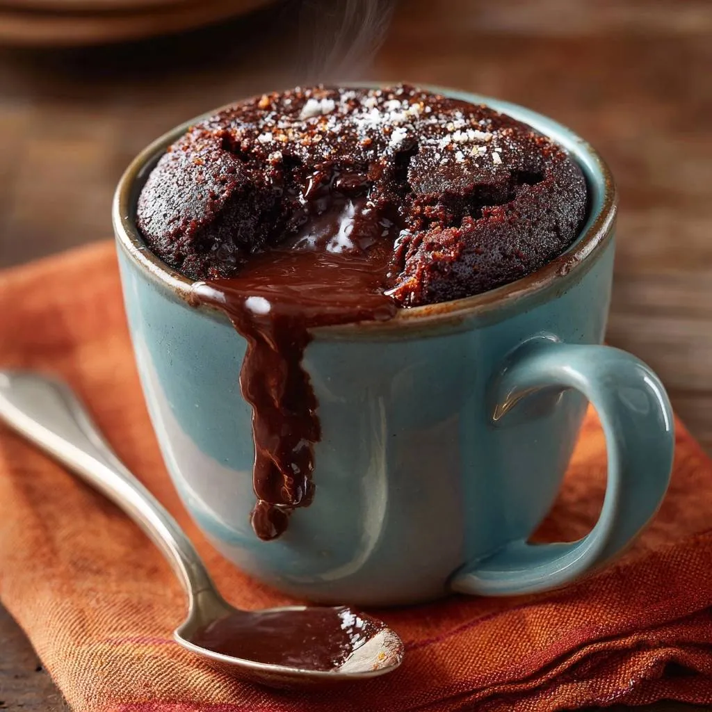 Sea salt chocolate lava mug cake recipe showing a close-up of the molten chocolate interior oozing out.