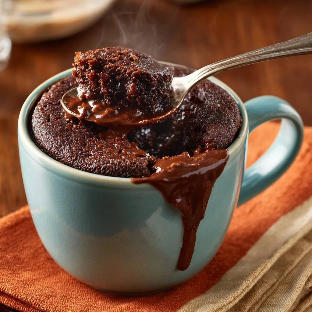 Sea salt chocolate lava mug cake recipe with a spoonful being lifted showing molten chocolate interior.