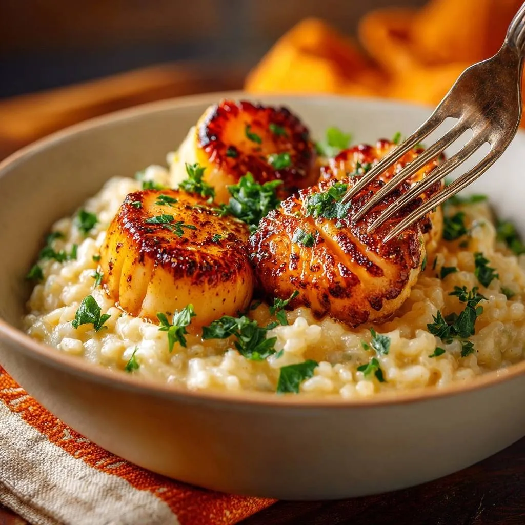 Seared scallops over creamy risotto with a fork picking up a scallop, garnished with parsley.