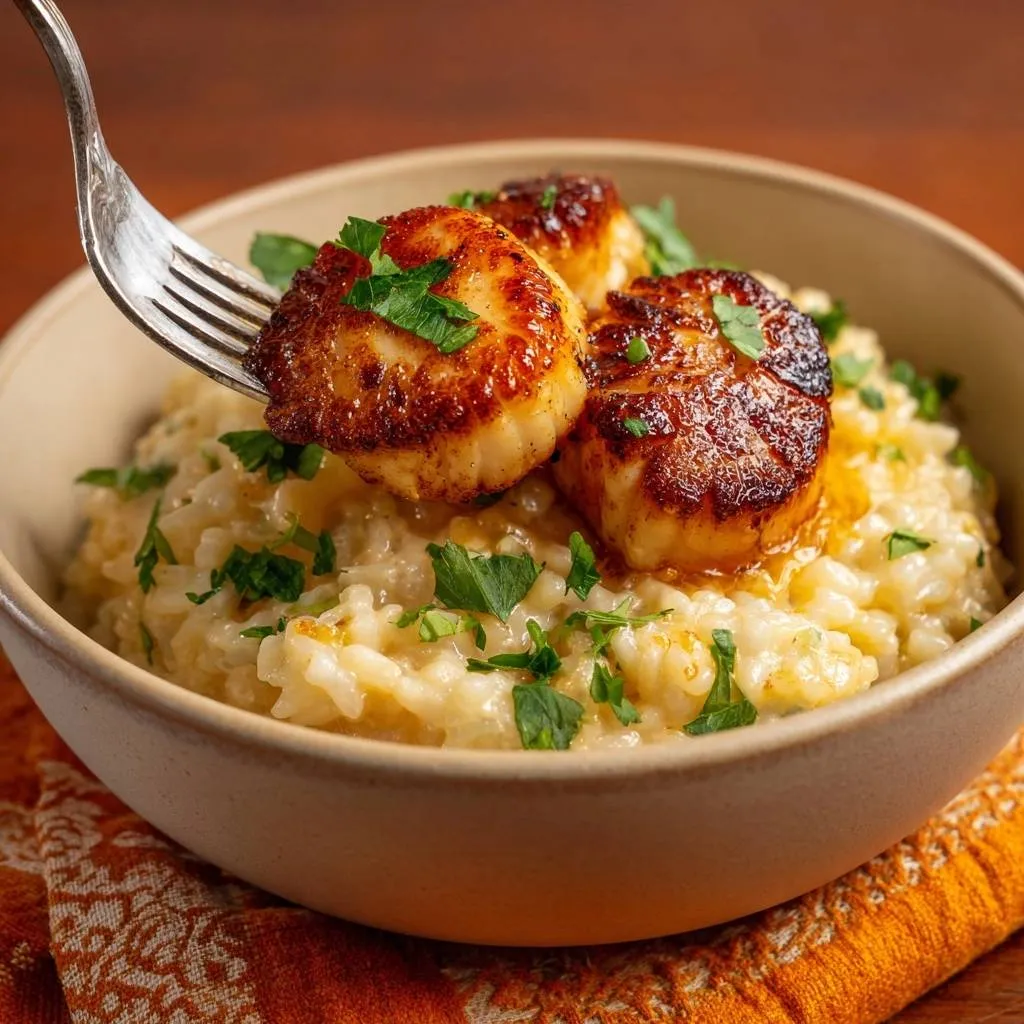 Seared scallops over creamy risotto, with a fork lifting a scallop from the bowl, garnished with parsley.