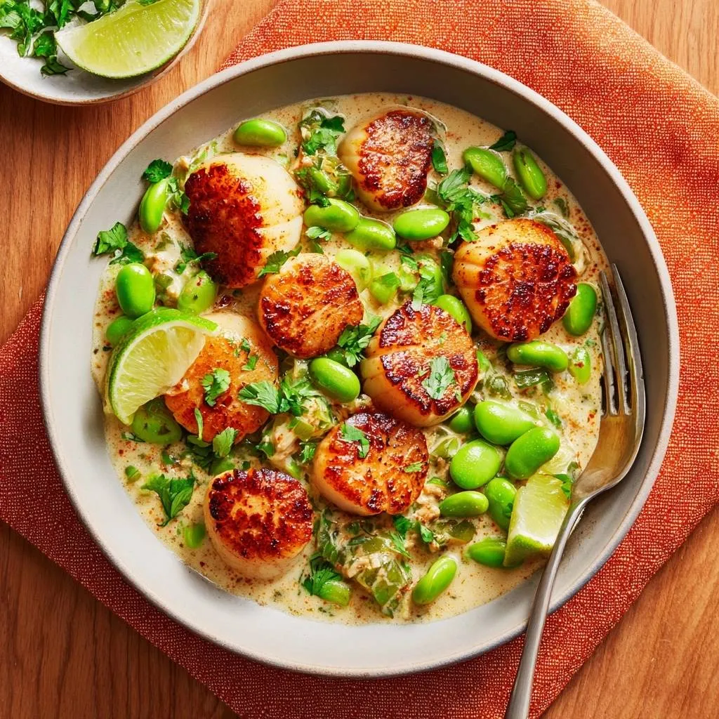 Seared scallops with edamame cream sauce served in a bowl, viewed from directly overhead.