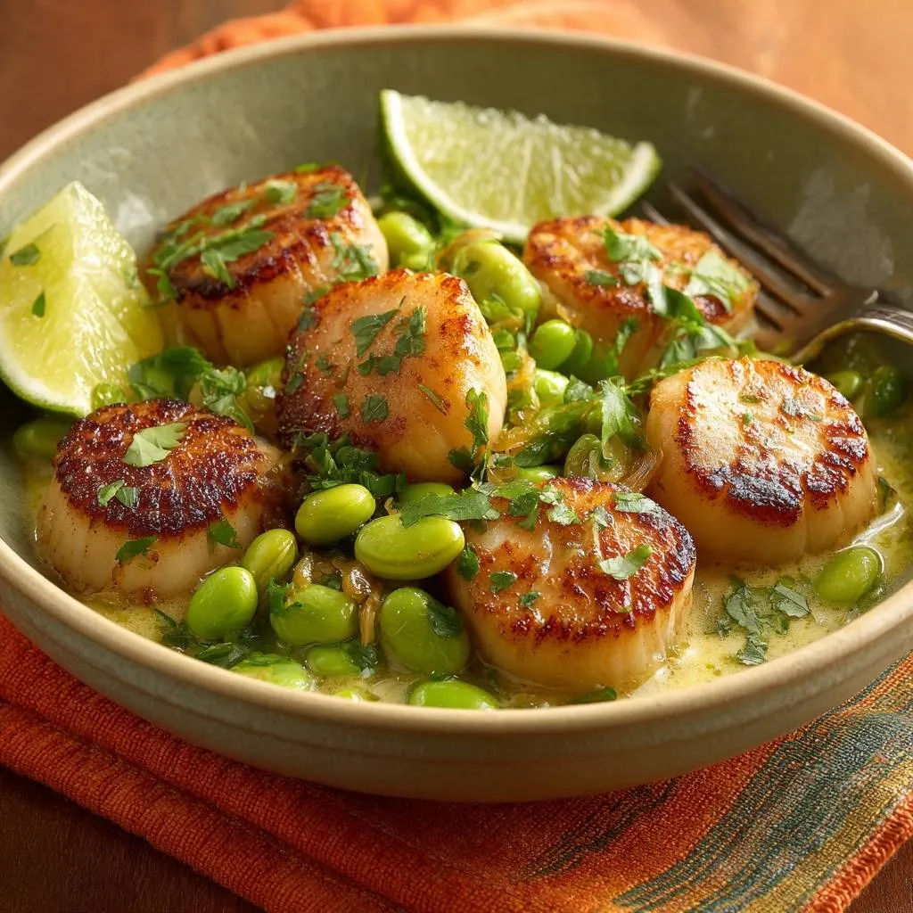 Seared scallops with edamame cream sauce in a bowl, garnished with fresh cilantro and lime wedges.
