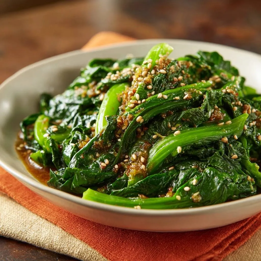 Sesame bok choy stir-fry with a glistening sesame and garlic sauce, showcasing tender green leaves.
