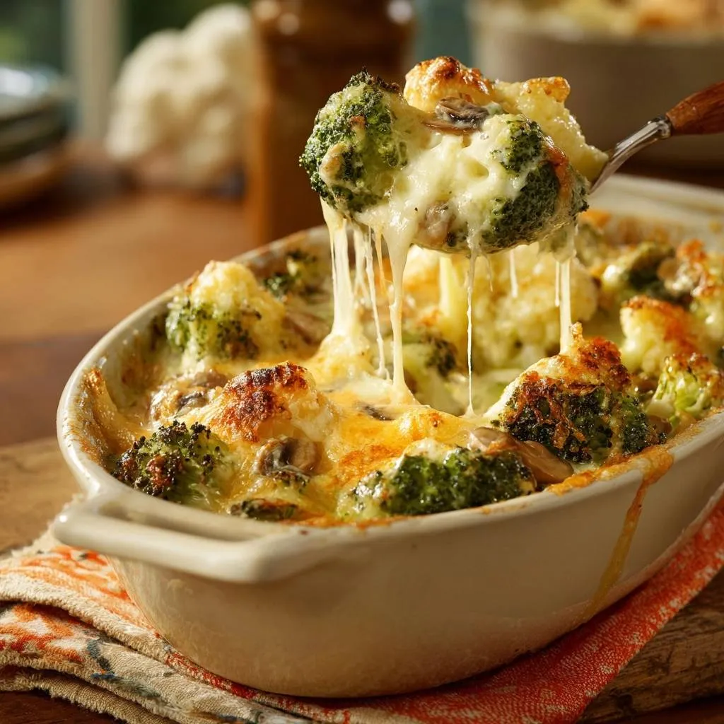 Sheet pan sausage pizza featuring a generous portion of cheesy broccoli and mushrooms being lifted with a spoon.