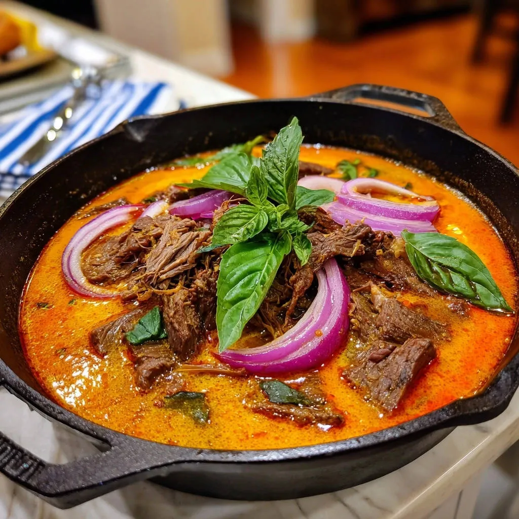 Rich shredded beef curry served in a cast-iron skillet, garnished with fresh basil and red onion rings.