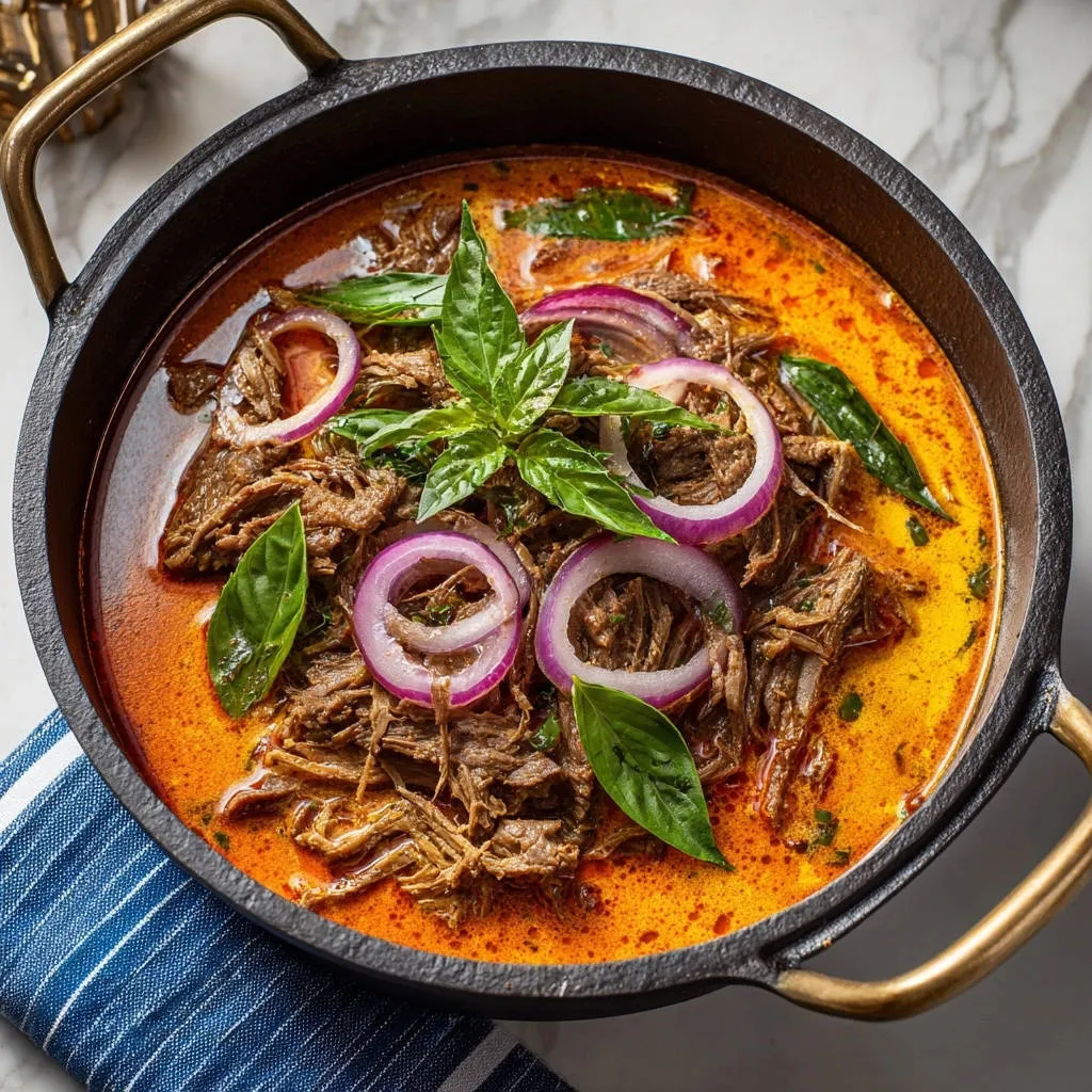Rich shredded beef curry with red onion rings and fresh basil garnish in a cast iron pot, overhead view.