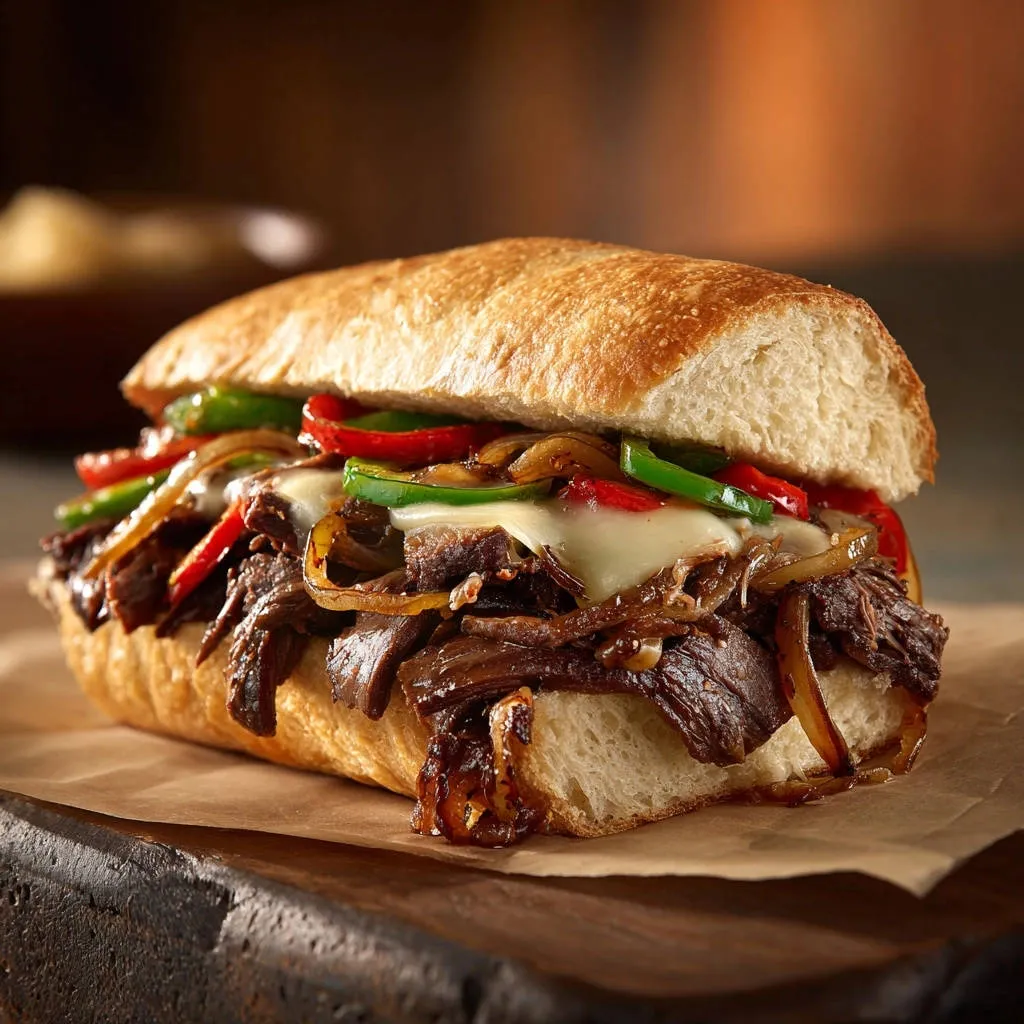 Classic shredded beef and pepper sub with melted cheese and sautéed onions, showing the juicy filling.
